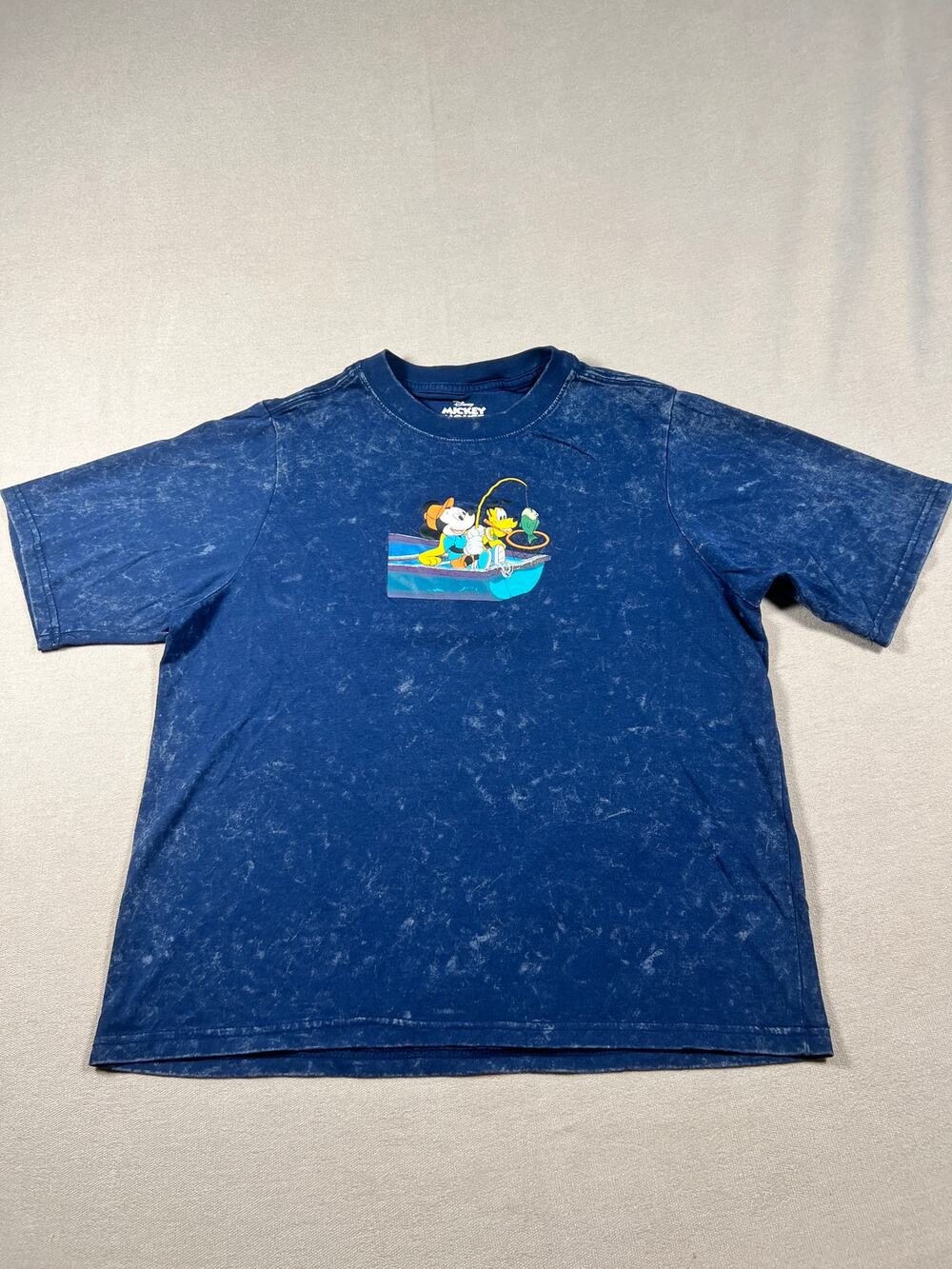Disney Mickey Mouse Pluto Fishing Mineral‎ Wash Graphic T Shirt Blue Adult Small